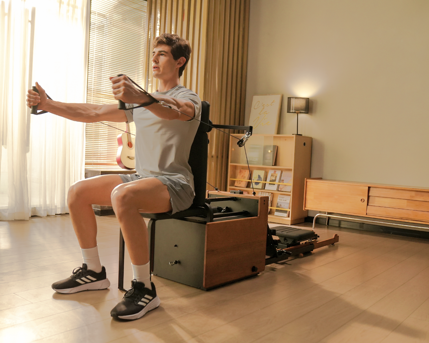 Using home gym rowing machine for fly strength workout