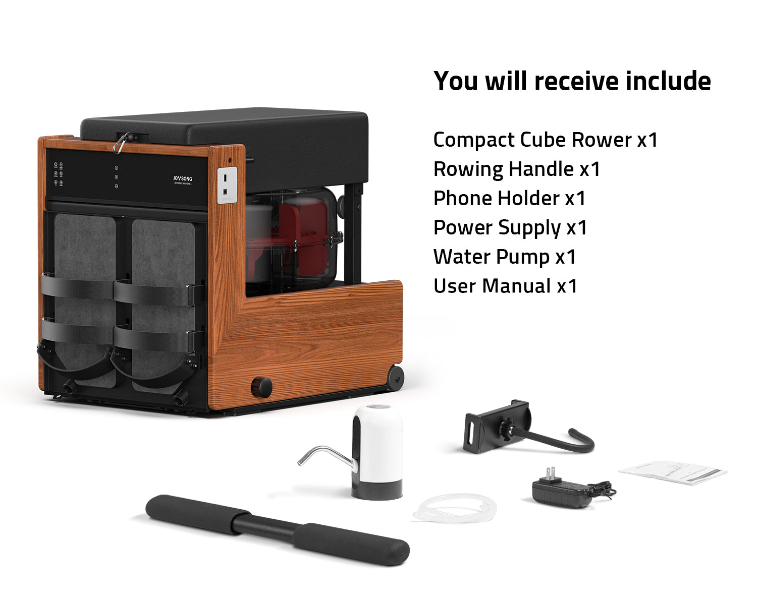 Included items with the JOYSONG Compact Cube Rower